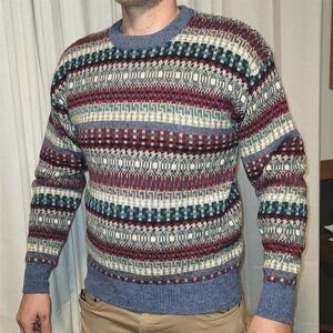 Vintage Amana Mens Blue Fair Isle Academia Teacher 100% Wool Crewneck Sweater  M
